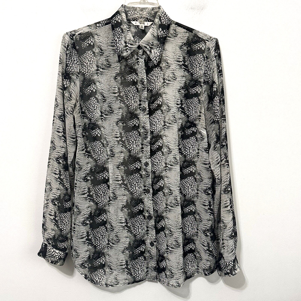Cabi Python Print Blouse #988 M Long Sleeve‎ Sheer Button Front Shirt Snake Top